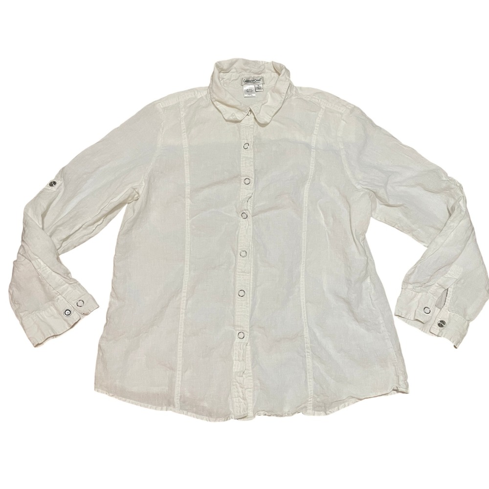 Coldwater Creek Women's XL White 100% Linen Coastal Roll‎ Tab Snap Front Shirt